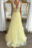 Yellow v neck tulle lace long Formal Prom dress, yellow tulle lace evening dress