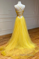 Yellow v neck tulle long Formal Prom dress yellow formal dress