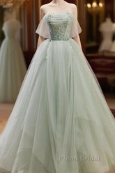 Zoom Light Green Tulle Beaded Sweetheart Long Formal Prom Dresses, A-Line Green Formal Dresses