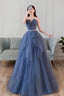 Blue Sweetheart Sleeveless Floor Length Sparkly Evening Prom Dress with Belt