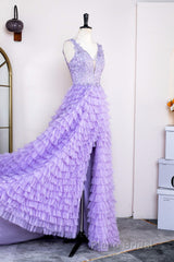 Lavender Plunging V Neck Appliques Layers Long Formal Prom Dresses with Slit
