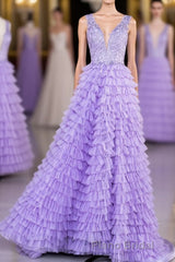 Lavender Plunging V Neck Appliques Layers Long Formal Prom Dresses with Slit