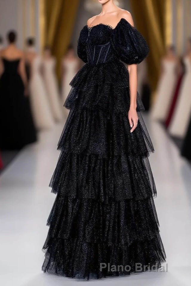 Saprkly Black Off-Shoulder Puff Sleeves Layers Long Formal Prom Dresses Main image