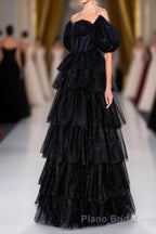 Saprkly Black Off-Shoulder Puff Sleeves Layers Long Formal Prom Dresses