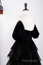 Saprkly Black Off-Shoulder Puff Sleeves Layers Long Formal Prom Dresses