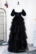 Saprkly Black Off-Shoulder Puff Sleeves Layers Long Formal Prom Dresses