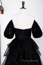 Saprkly Black Off-Shoulder Puff Sleeves Layers Long Formal Prom Dresses