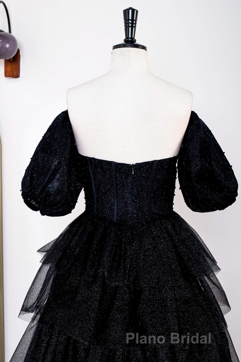 Saprkly Black Off-Shoulder Puff Sleeves Layers Long Formal Prom Dresses