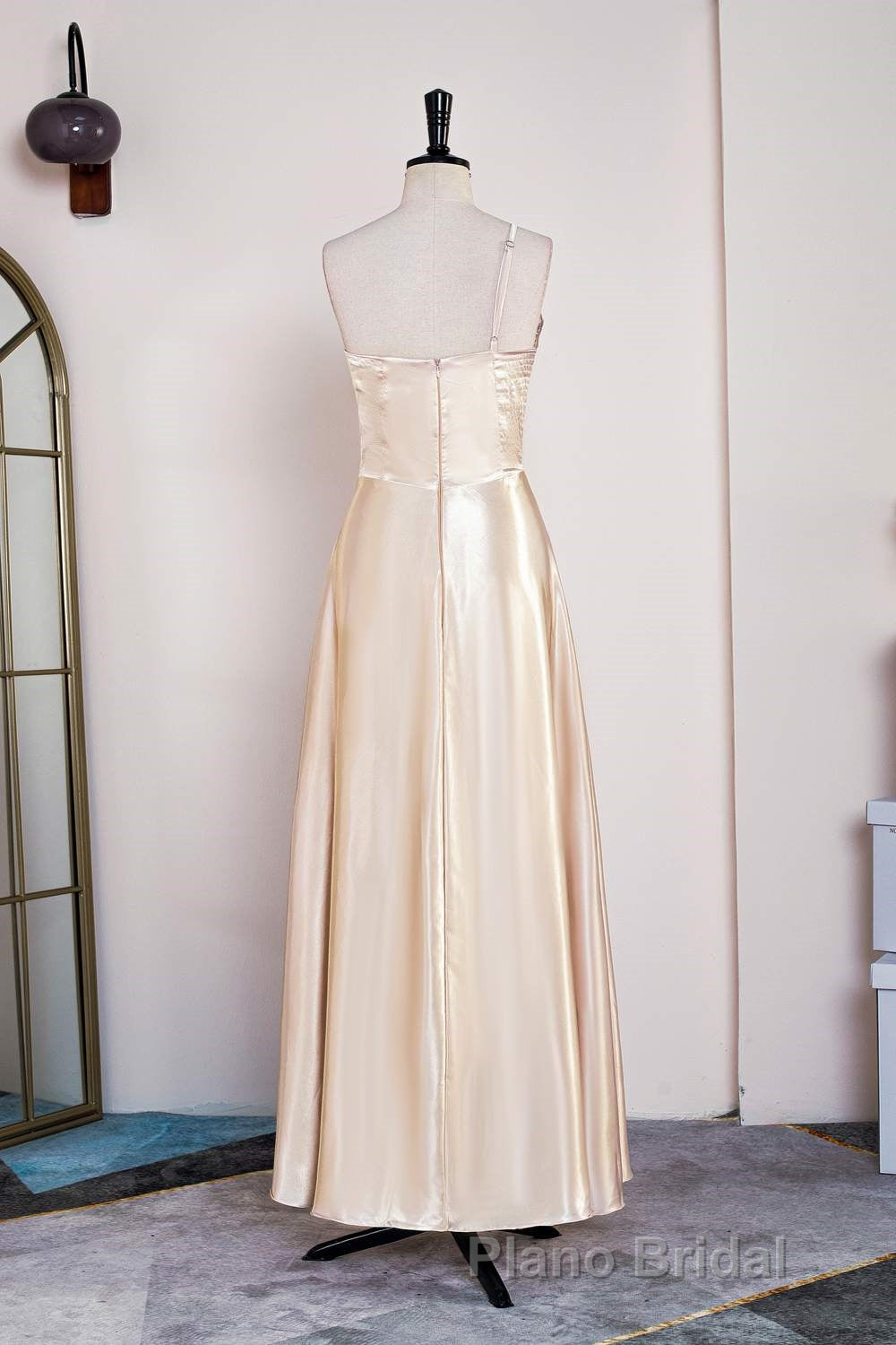 Champagne One Shoulder A-line Satin Tea Length Bridesmaid Dresses Secondary image