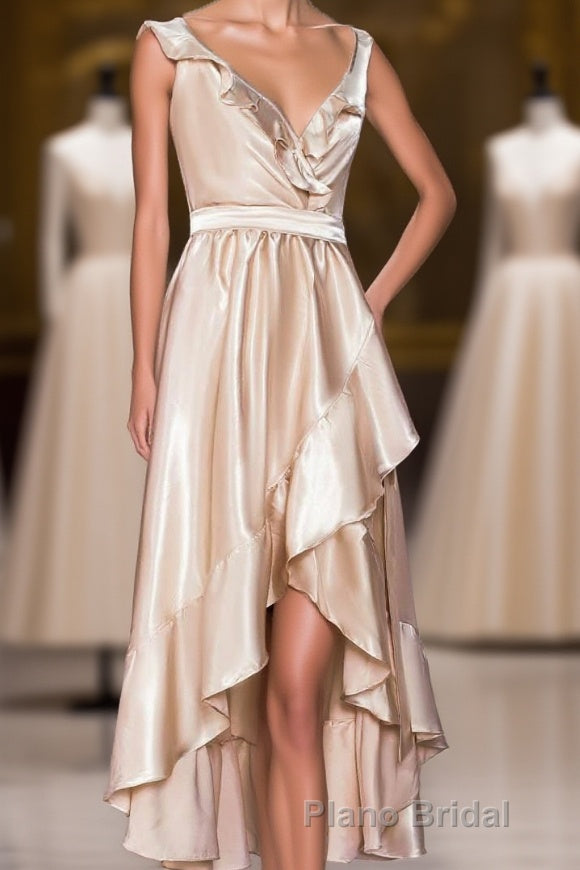 Champagne Ruffled Faux-Wrapped A-line Hi-Low Bridesmaid Dresses with Sash Main image