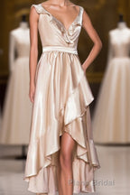 Champagne Ruffled Faux-Wrapped A-line Hi-Low Bridesmaid Dresses with Sash