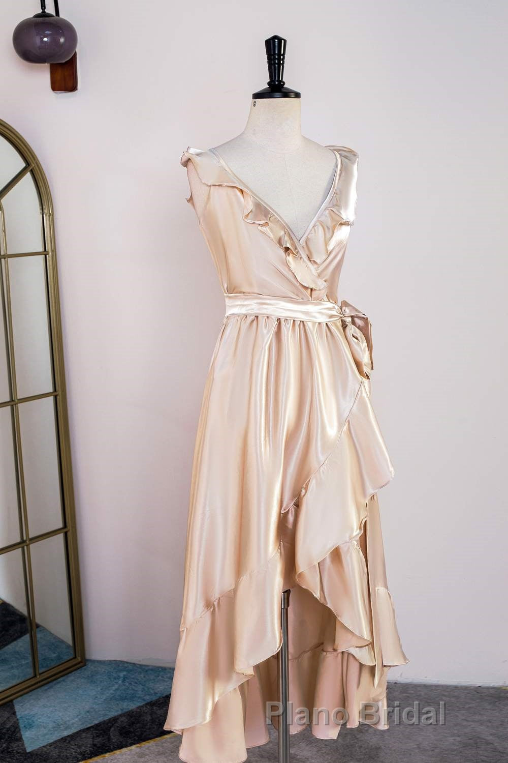 Champagne Ruffled Faux-Wrapped A-line Hi-Low Bridesmaid Dresses with Sash
