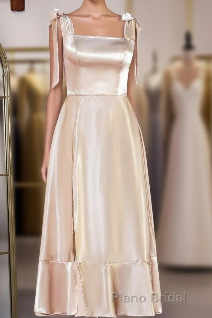 Champagne Bow Tie Straps A-line Satin Tea-Length Bridesmaid Dresses Main image