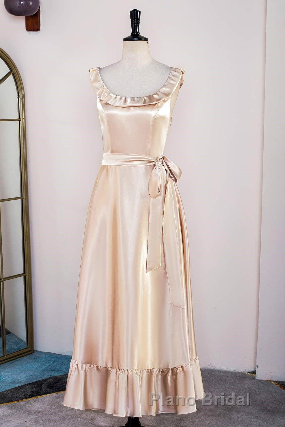 Champagne Sleeveless Ruffled A-line Tea-Length Bridesmaid Dresses with Sash