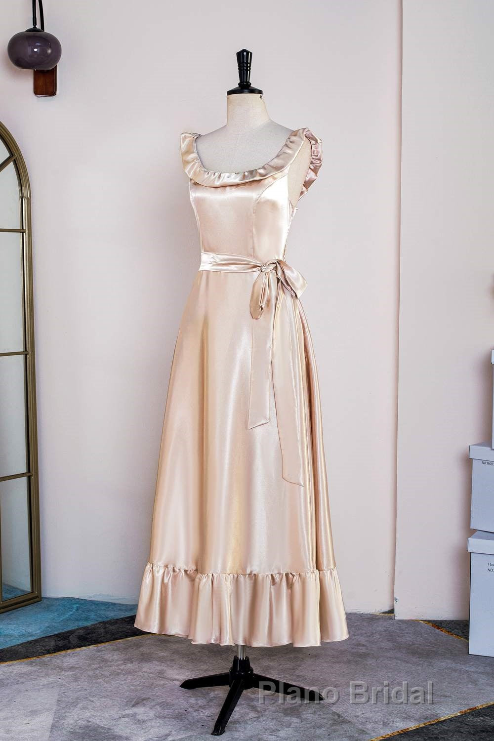 Champagne Sleeveless Ruffled A-line Tea-Length Bridesmaid Dresses with Sash Secondary image
