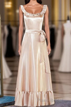 Champagne Sleeveless Ruffled A-line Tea-Length Bridesmaid Dresses with Sash