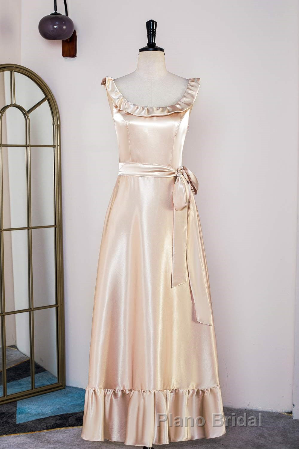 Champagne Sleeveless Ruffled A-line Tea-Length Bridesmaid Dresses with Sash