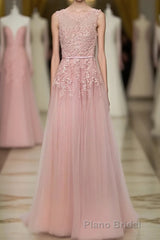 Pink Lace Tulle Long A Line Formal Prom Dresses, Pink Evening Dresses, 1