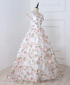 White V Neck 3D Flowers Long Formal Prom Dresses, White Evening Dresses