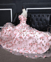 Pink Tulle 3D Flowers Long Formal Prom Dresses, Pink Evening Dresses