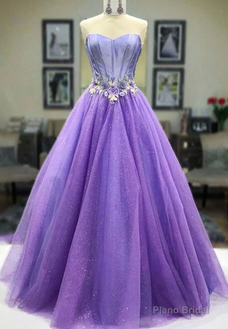 Purple Strapless Tulle Long Prom Dresses, A-Line Evening Dresses Main image