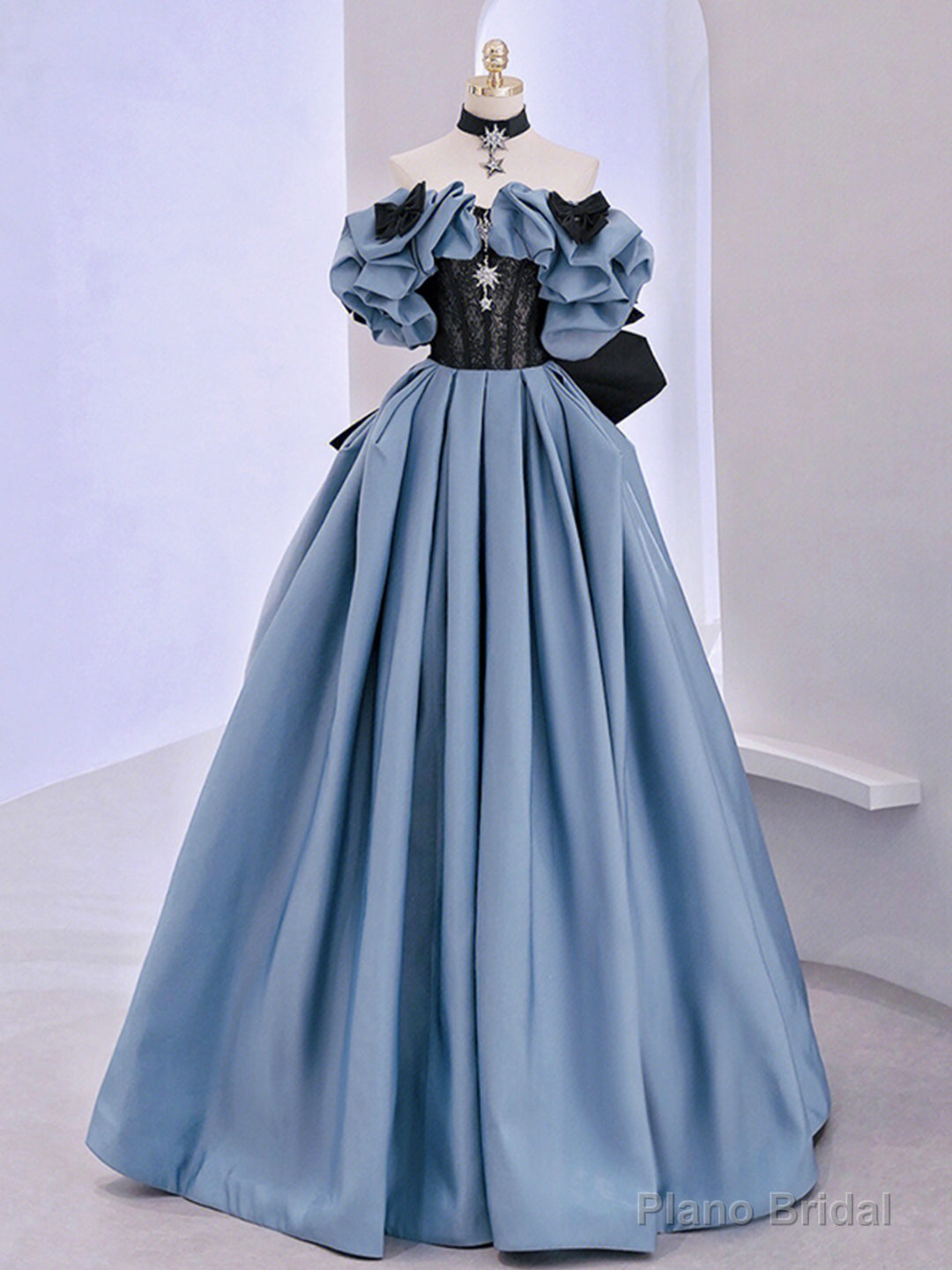 Blue Satin Lace Long Prom Dress, Off Shoulder Evening Dress Main image
