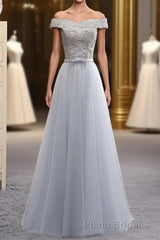 A Line Lace Tulle Off Shoulder Long Formal Prom Dresses, Evening Dresses