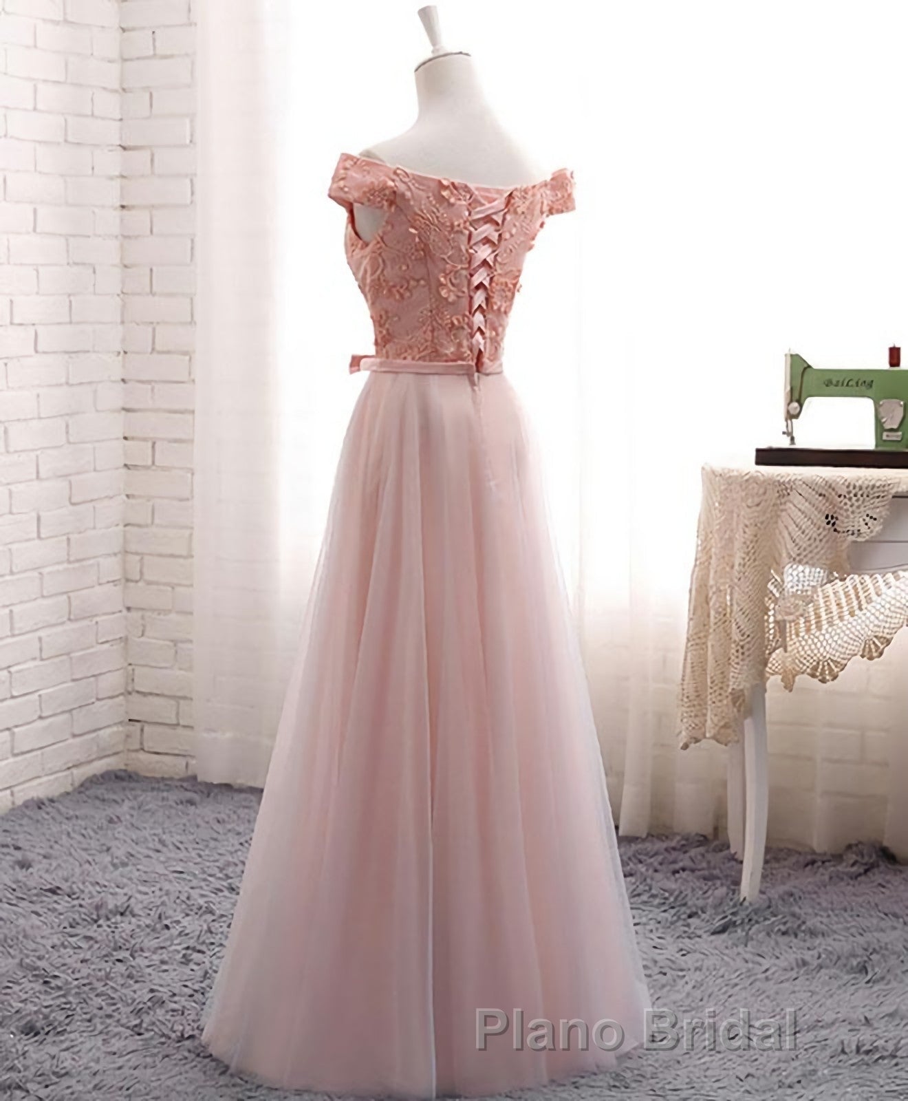 A Line Lace Tulle Off Shoulder Long Formal Prom Dresses, Evening Dresses Secondary image