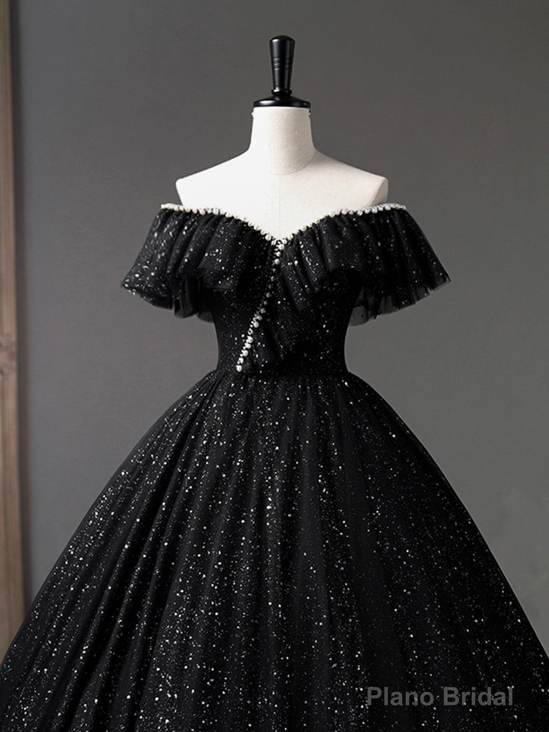 Black Tulle Long A-Line Prom Dress, Shiny Off Shoulder Evening Dress