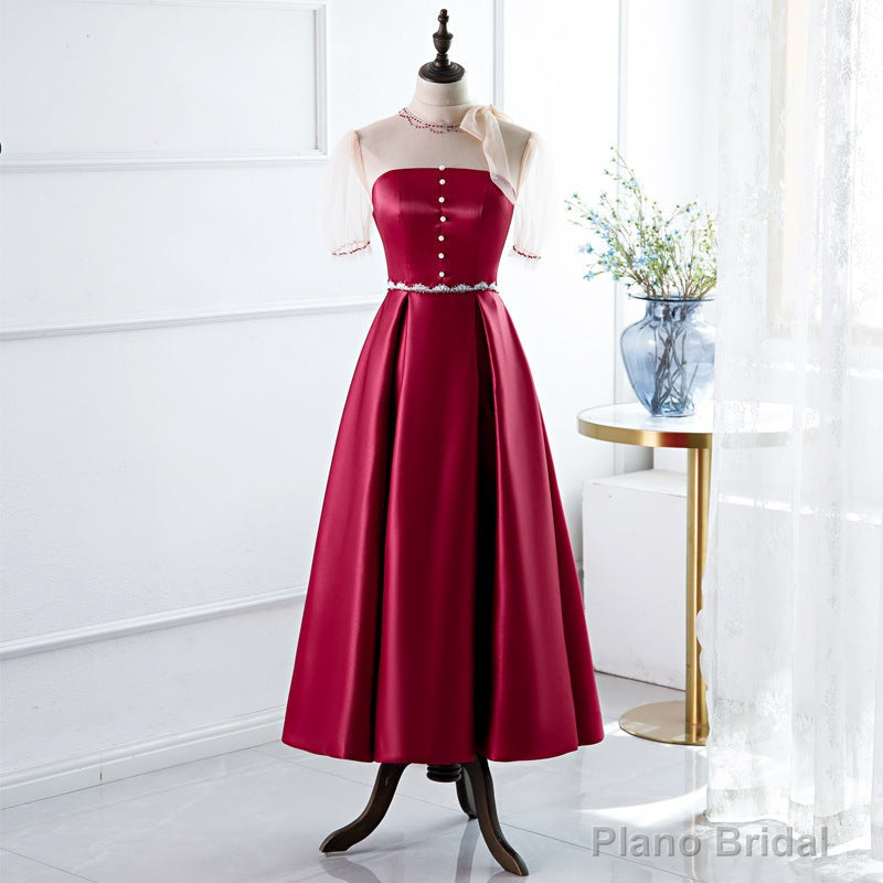 Red A-Line Round-Neck Evening Dress with Beading
