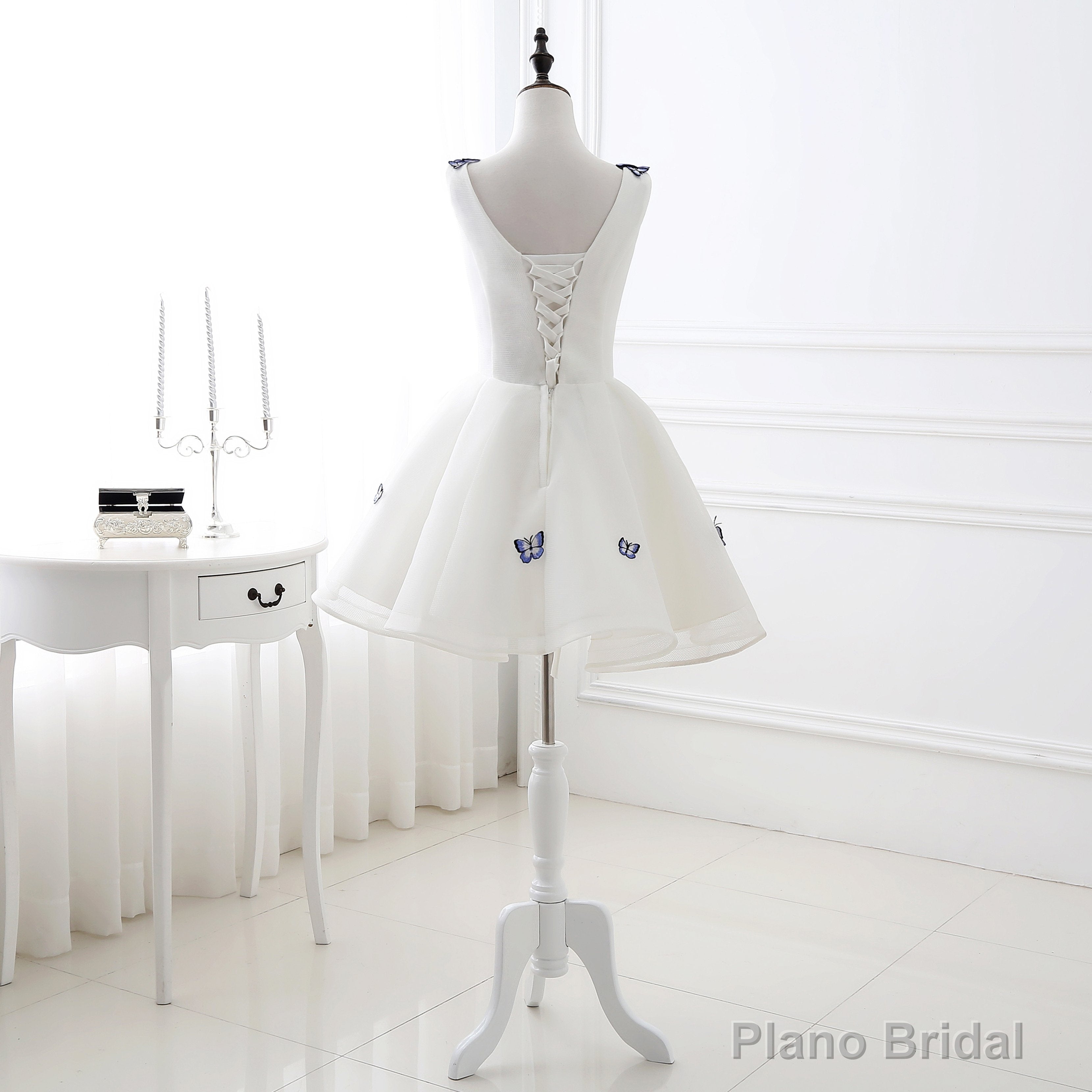 A Line V Neck Sleeveless Appliques Tulle Homecoming Dresses, Short Prom Dresses