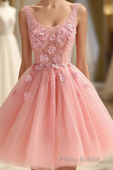 Cute A Line Pink Tulle Pearl Short Formal Prom Dresses, Homecoming Dresses
