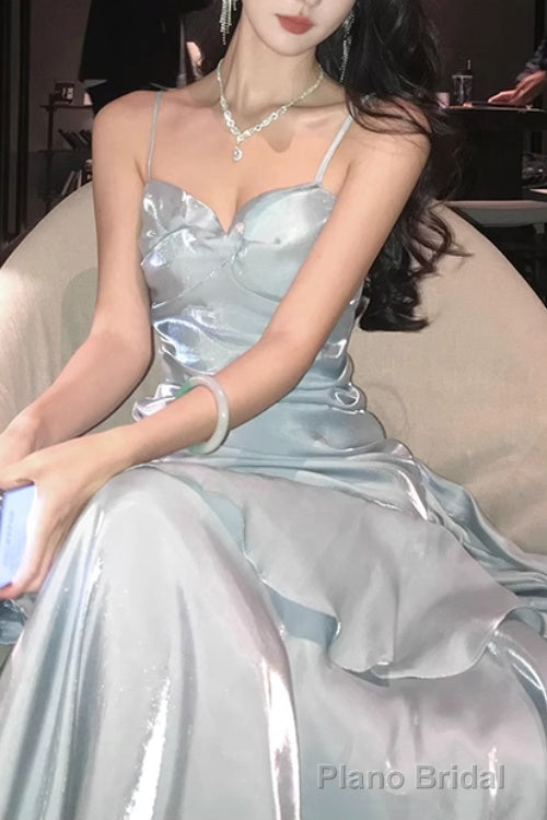 A-Line Gray Prom Dress features spaghetti straps Evening Dresses