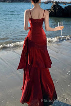 A-Line Burgundy Prom Dress features spaghetti straps Evening Dresses