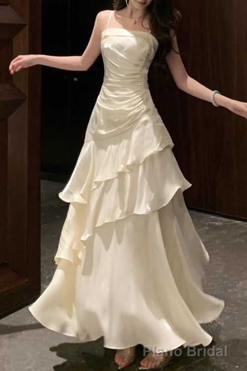 A-Line White Prom Dress features spaghetti straps Evening Dresses