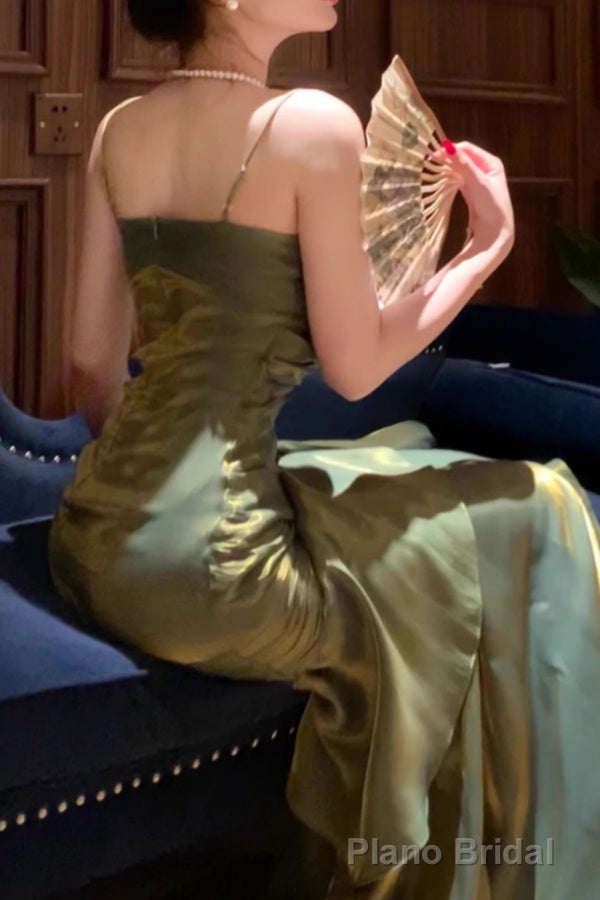 A-Line Green Prom Dress features spaghetti straps Evening Dresses