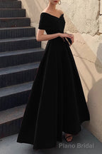 Simple V-neck Short-Sleeve Off Shoulder Long Prom Dress Black A-Line  Evening Dress