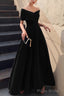 Simple V-neck Short-Sleeve Off Shoulder Long Prom Dress Black A-Line  Evening Dress