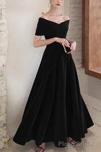 Simple V-neck Short-Sleeve Off Shoulder Long Prom Dress Black A-Line  Evening Dress