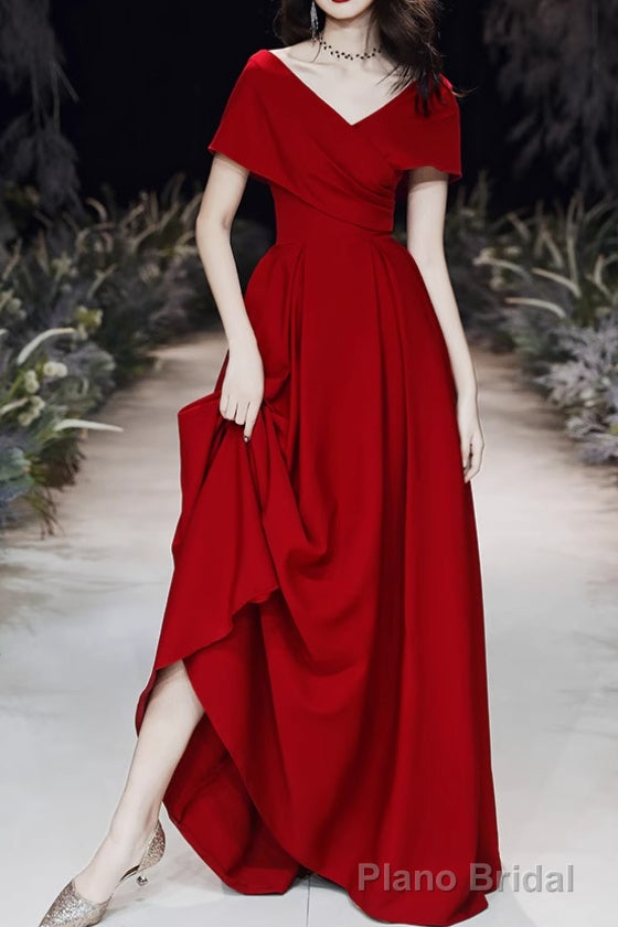 Simple V-neck Short-Sleeve Off Shoulder Long Prom Dress Red A-Line  Evening Dress