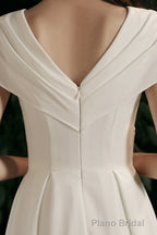 Simple V-neck Short-Sleeve Off Shoulder Long Prom Dress White A-Line  Evening Dress
