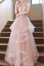 Pretty Sequin Ruffle Off Shoulder Prom Dress Light Pink Princess Halter Neck Maxi Dress