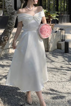 Summer Elegant Off-Shoulder Wedding White Dress Vintage A-Line Casual Midi Cocktail Dress
