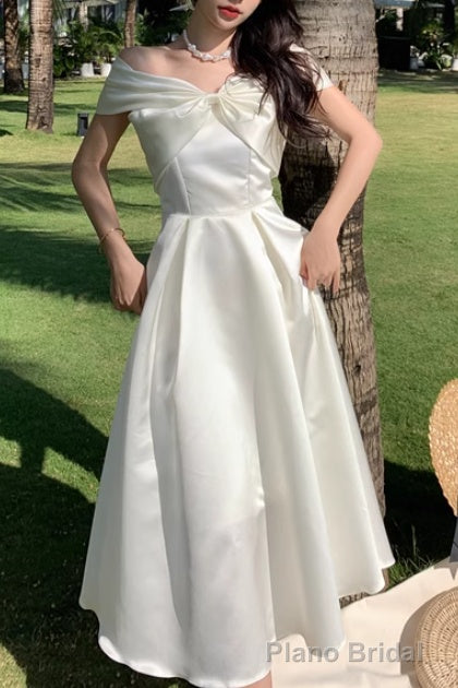 Summer Elegant Off-Shoulder Wedding White Dress Vintage A-Line Casual Midi Cocktail Dress Main image