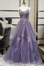 Purple Tulle A-line V-neck Spaghetti Straps Prom Dress With Lace Appliques
