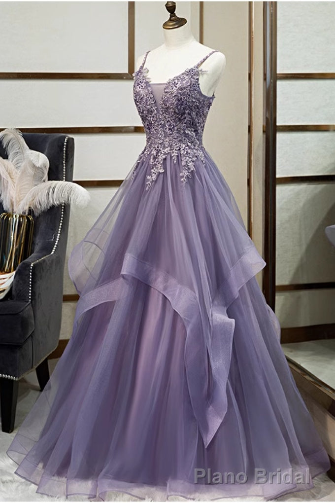Purple Tulle A-line V-neck Spaghetti Straps Prom Dress With Lace Appliques Secondary image