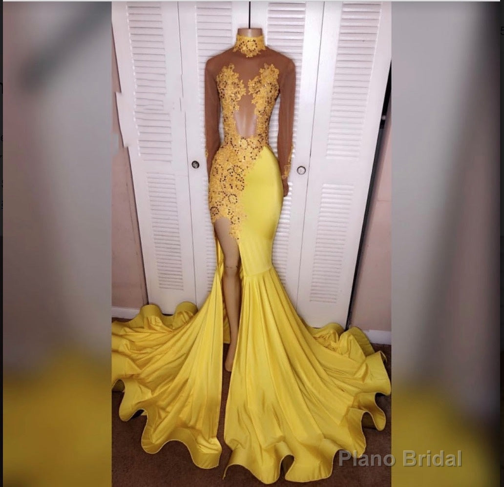 2025 Junoesque Yellow Split Mermaid/Trumpet Long Sleeve Satin Prom Dresses Main image