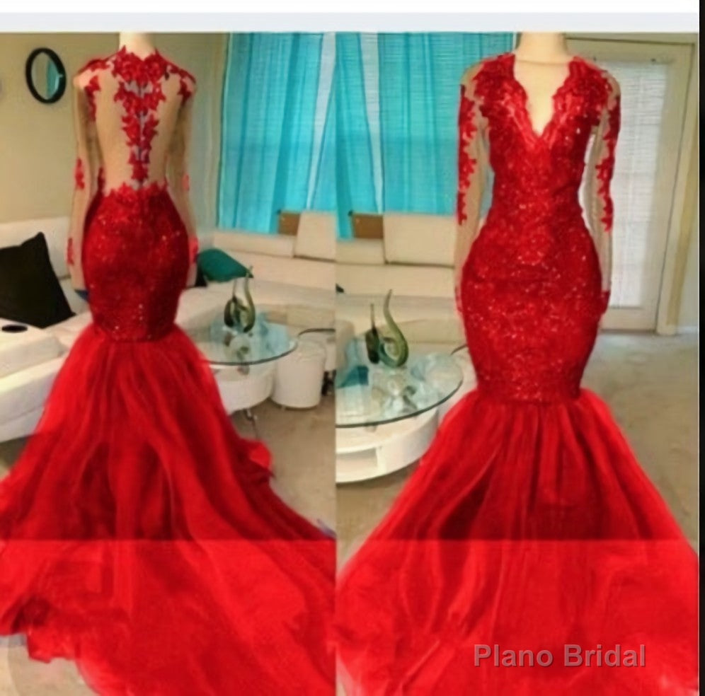 2025 Red Appliques Long Sleeve V-neck Prom Dresses Main image