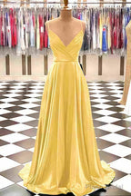 A-line V Neck Spaghetti Straps Sweep Train Charmeuse Prom Dresses With Pleated