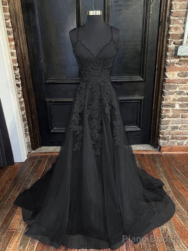 A-Line/Princess V-neck Sweep Train Tulle Evening Dresses With Appliques Lace